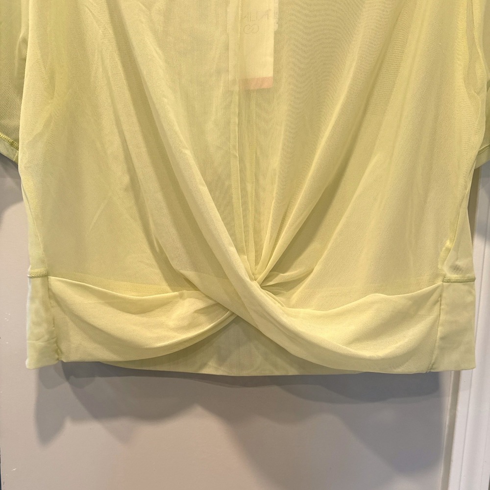 New CALIA Mesh Front Twist Top Medium Yellow Cropped Tee Sheer Activewear Layer - Picture 7 of 9